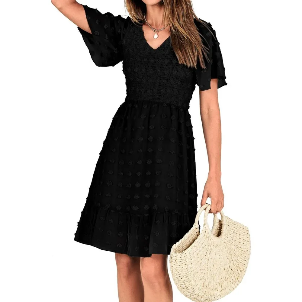 Women's Boho Summer Dress Polyester V Neck Flutter Short Sleeve Ruffled - Picture 8 of 8